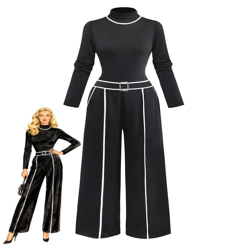 2PCS Black 1930s Binding Stand Collar Knitted Top & Wide-Leg Pants