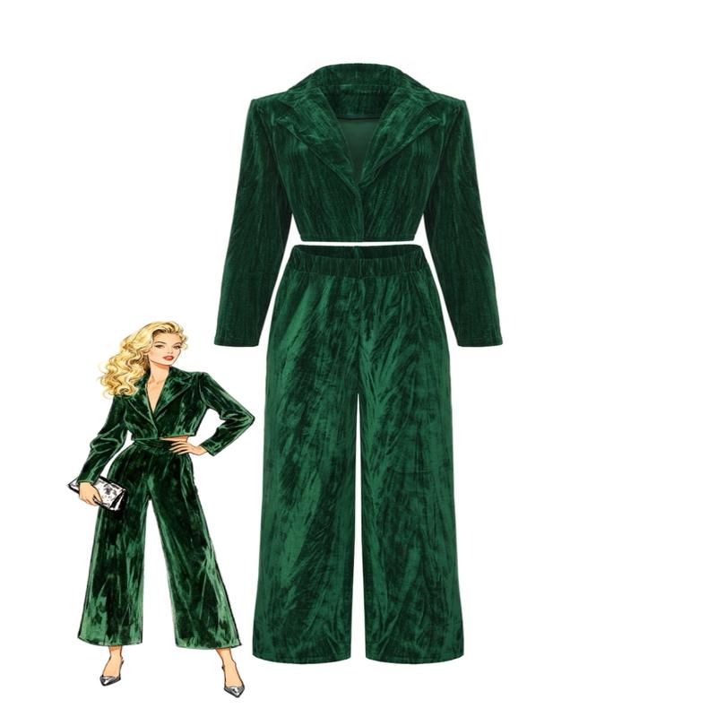 2PCS Green 1980s Solid Pleated Flannelette Blazer & Wide-Leg Pants