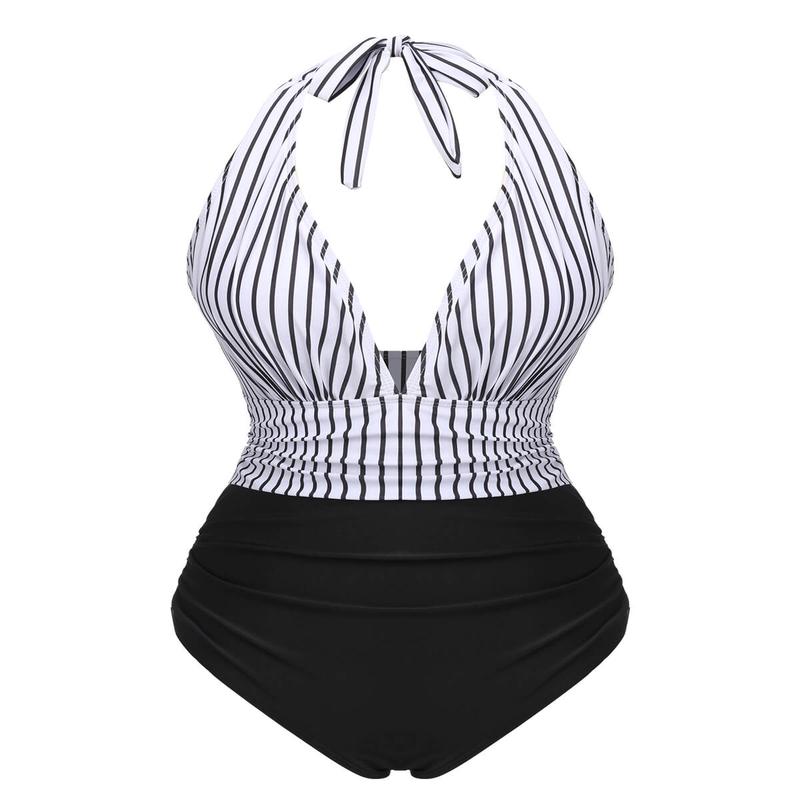Black 1950s Deep V-Neck Stripe Swimsuit
