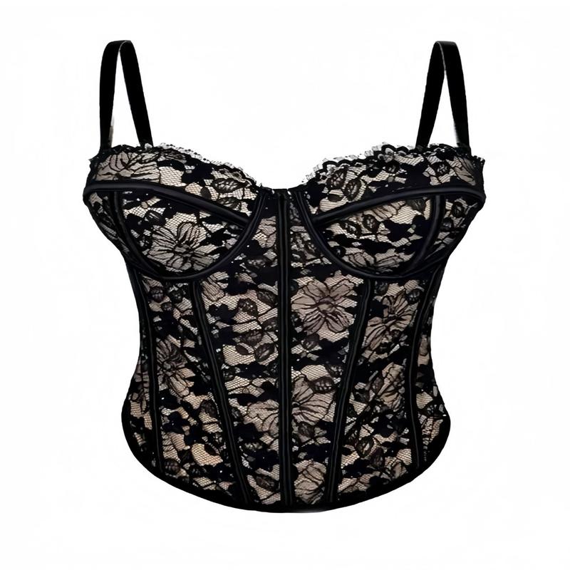 Black 1970s Lace Floral Herringbone Corset