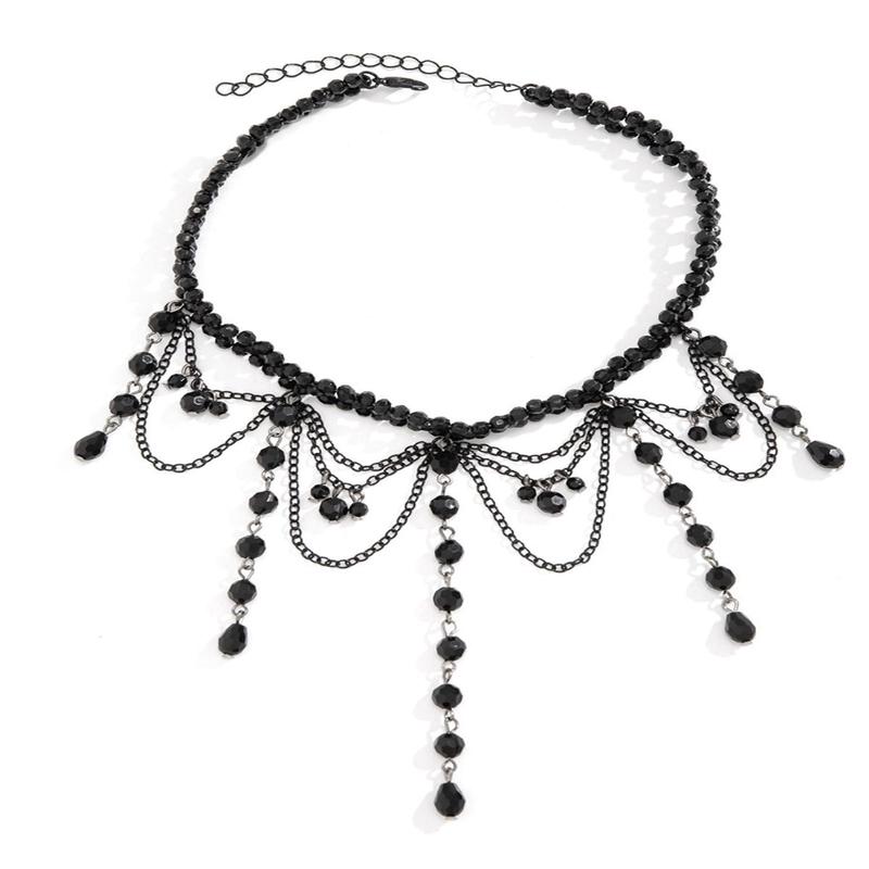 Black Gothic Artificial Crystal Tassels Pendant Necklace
