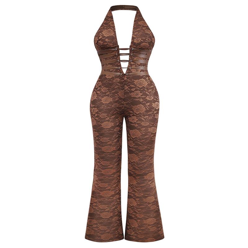 Brown 1970s Solid Lace-Up Floral Lace Jumpsuit