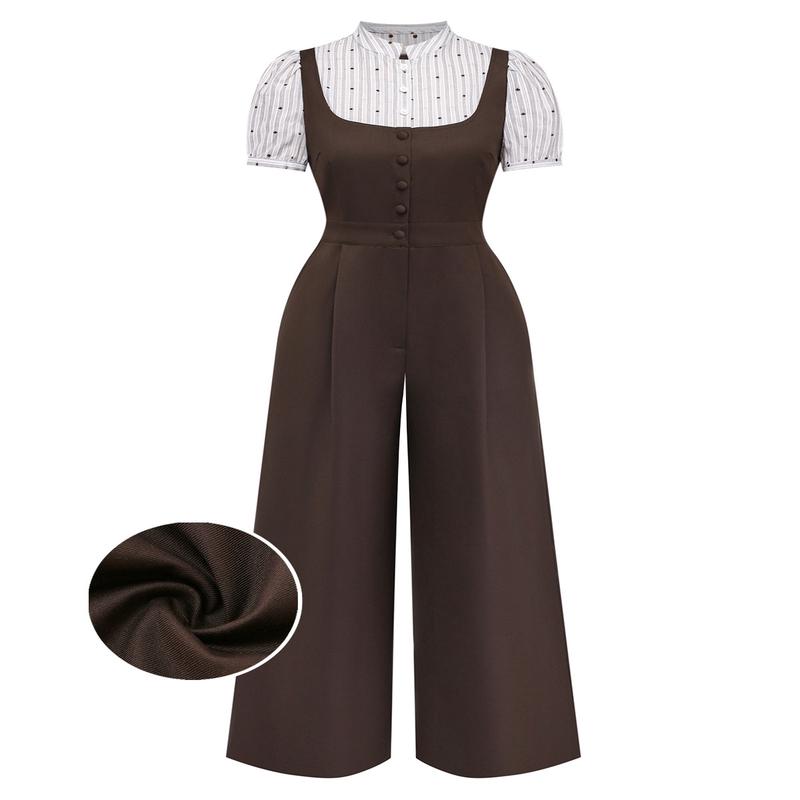 [Pre-Sale] Brown 1930s Faux-2PCS Striped Stand Collar Jumpsuit