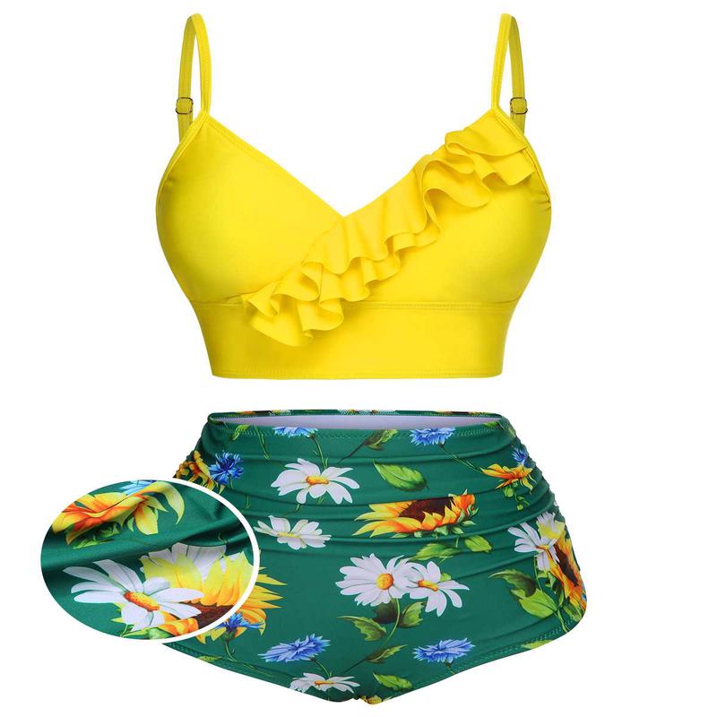 [US Warehouse] 2PCS Yellow 1950s Sunflower Ruffles V-Neck Swimsuit