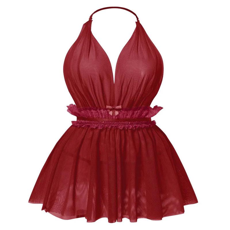 1950s Lace Mesh Deep V-Neck Halter Nightgown