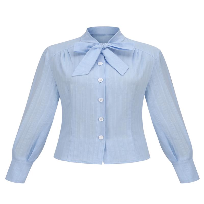 Light Blue 1950s Bow Collar Blouse